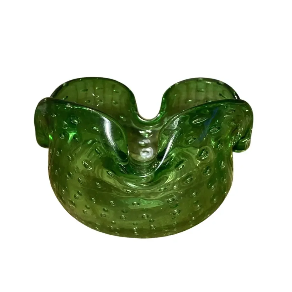 Vintage Italian Bullicante Art Glass Ashtray Murano Style Green Bowl 4.125